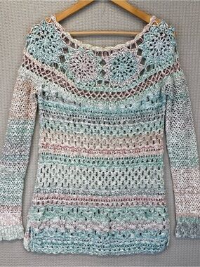 Free People Ring Of Roses Crochet Colorful Pullover Sweater S Boho Beach Chic